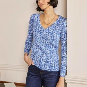 Boden Cotton V-neck Sweater in Dawn Sky Floret Bloom Size XL